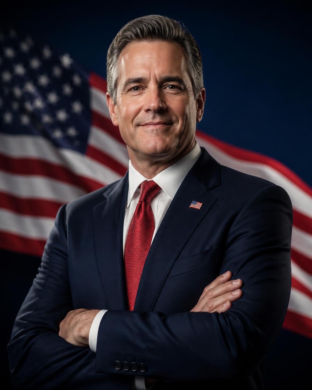 Jack Sullivan, presidential candidate, standing before the American flag
